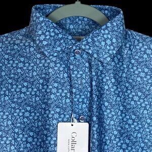 Collars & Co Polo Shirt Mens S Relaxed Blue Botanic Haze Dress Collar Floral NWT